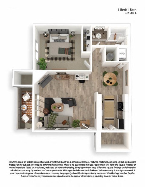 Floor plan for 1 bed, 1 bath, 672 sqft